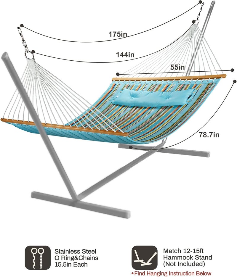 CHULIM 12 FT Double Quilted Fabric Hammock with Spreader Bars and Pillow 450 LBS Weight Capacity 2 Person Hammock for Outdoor Patio Backyard Poolside - Image 3
